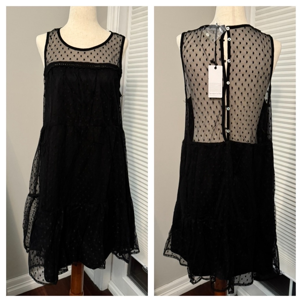 Love Riche | Sleeveless Midi Black Summer Dress with Flowy Lace Overlay | Large